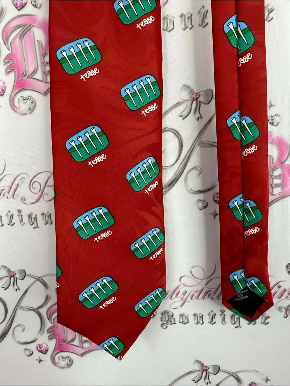 GRIMM tie golf tease Red Tie with Teal Cupcake Motif T time